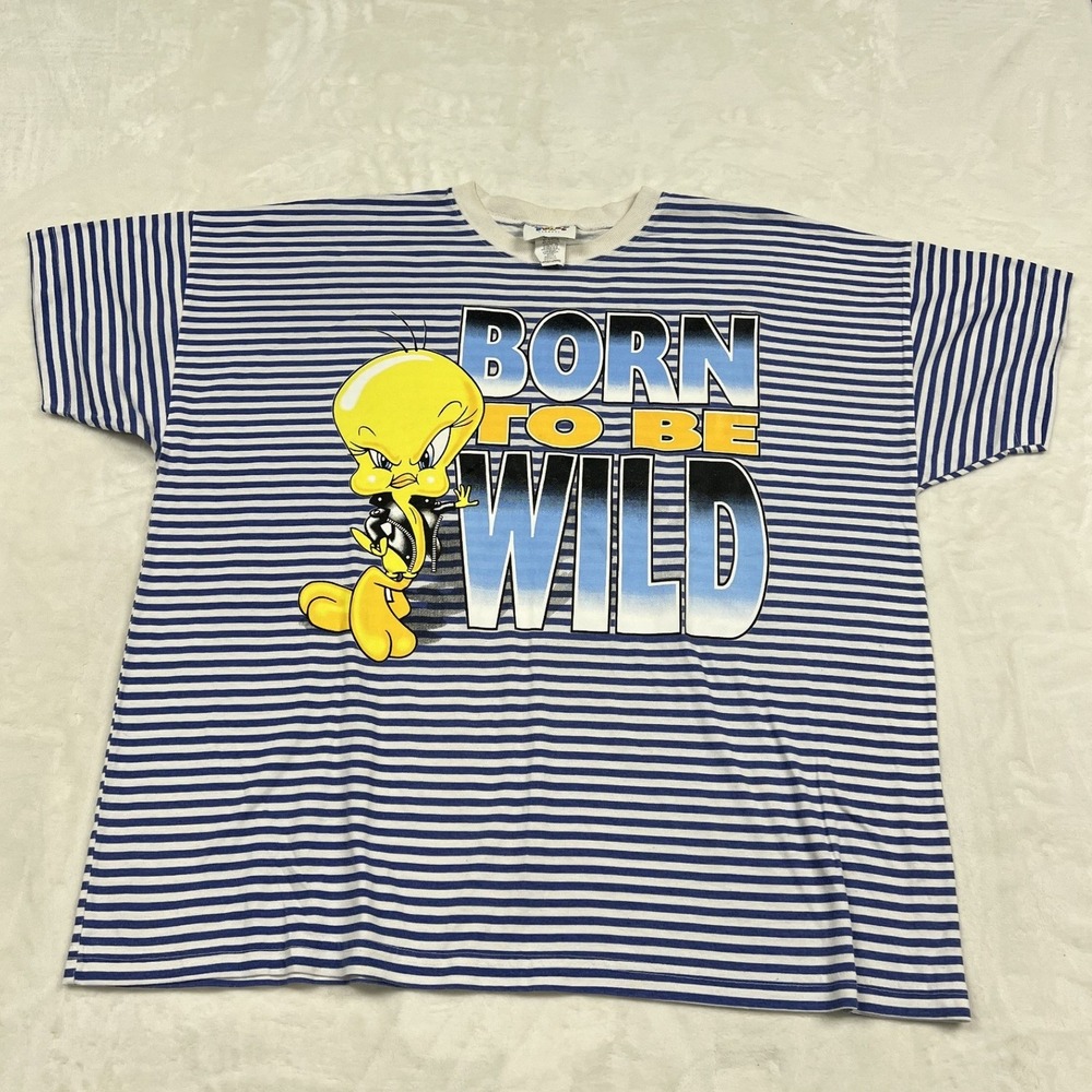 Looney Tunes T-Shirt Unisex XL Blue White Tweety Bird Born To Be Wild 1995 90s